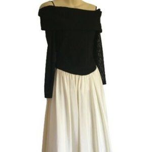 Pantel Vintage 80’s A-line Tulle Black Lace Off Shoulder Long Sleeve Midi Dress